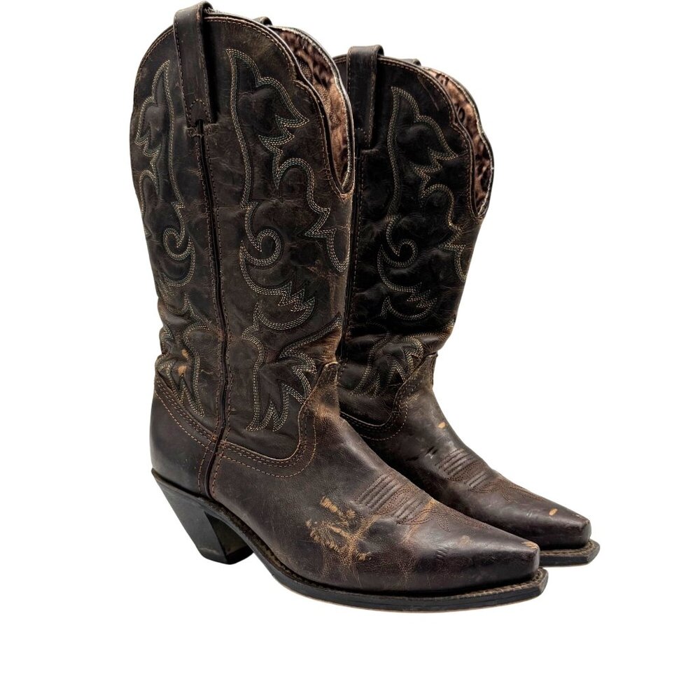 Laredo Access Distressed Brown Leather Snip Toe Western Boho Boots Women's 8.5M